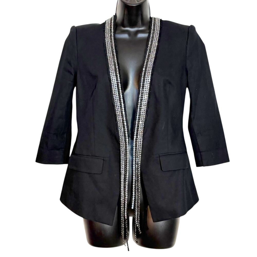 BCBG Maxazria Sean Black Blazer Rhinestone Fringe Open Front Jacket Evening S